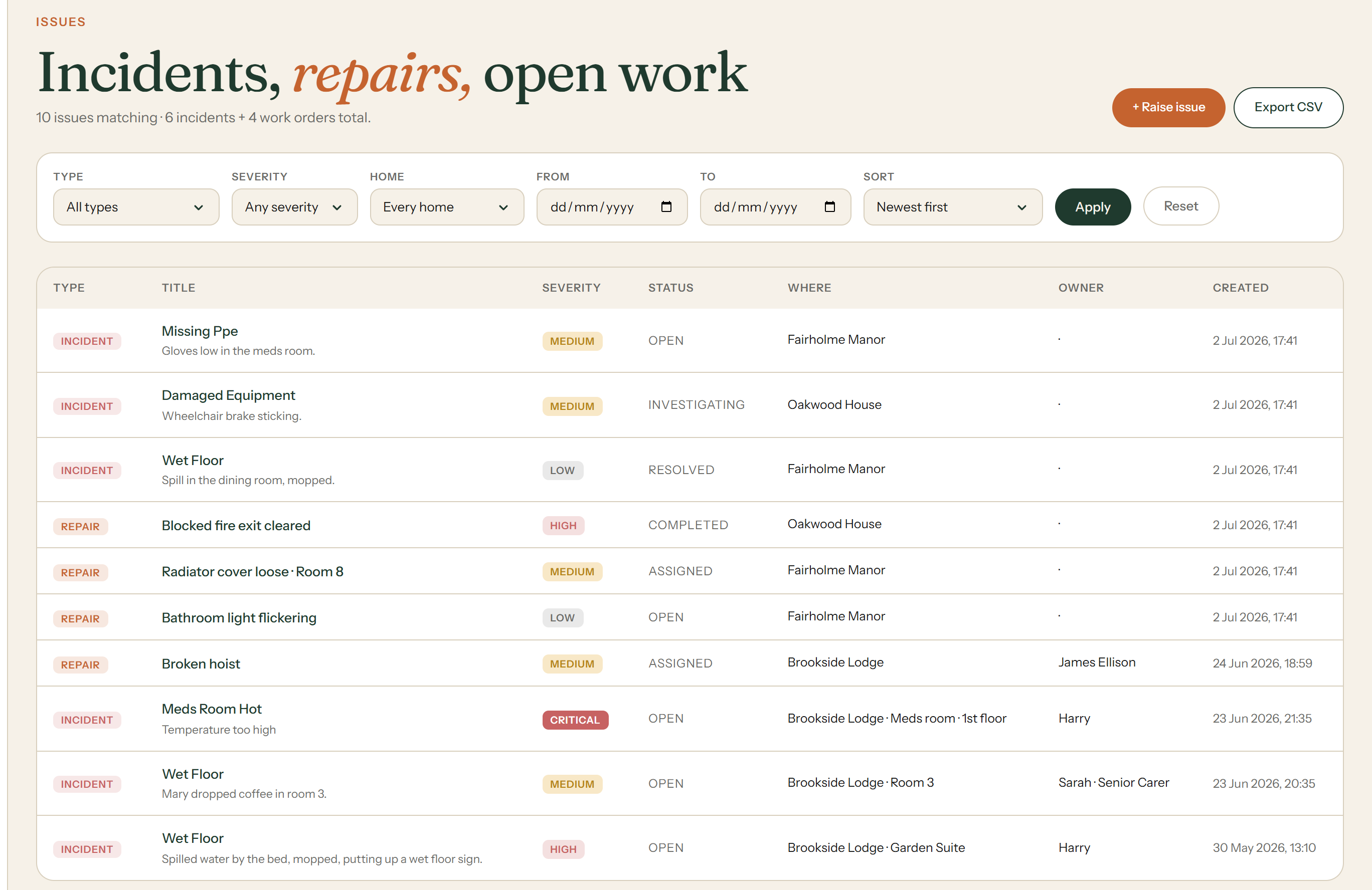 Incidents and work orders in one filterable list